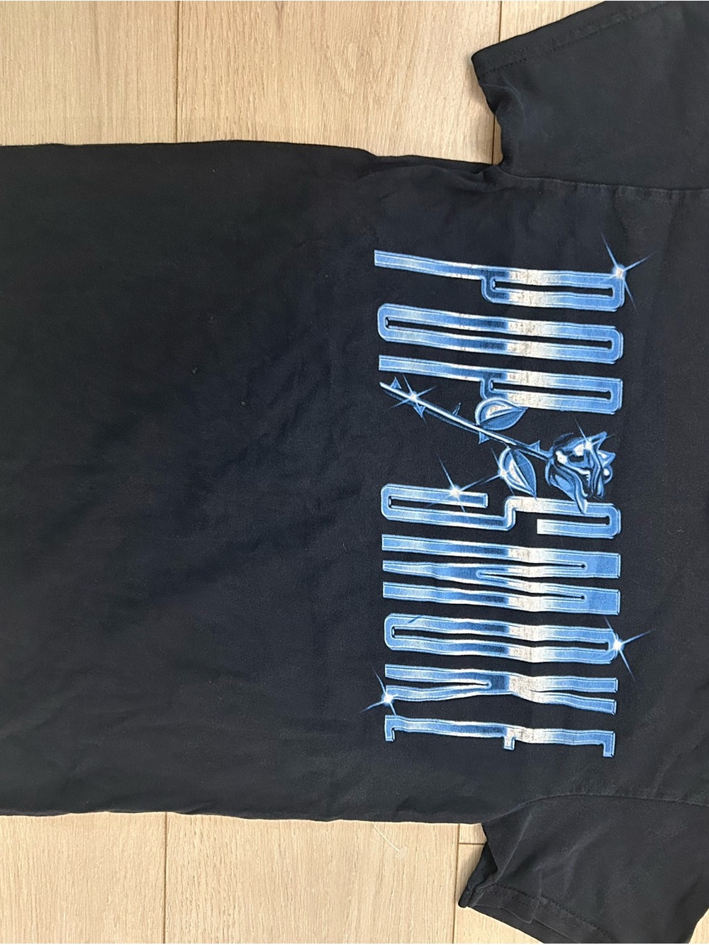 Black Short-Sleeve Graphic Tee with Blue Rose Detail